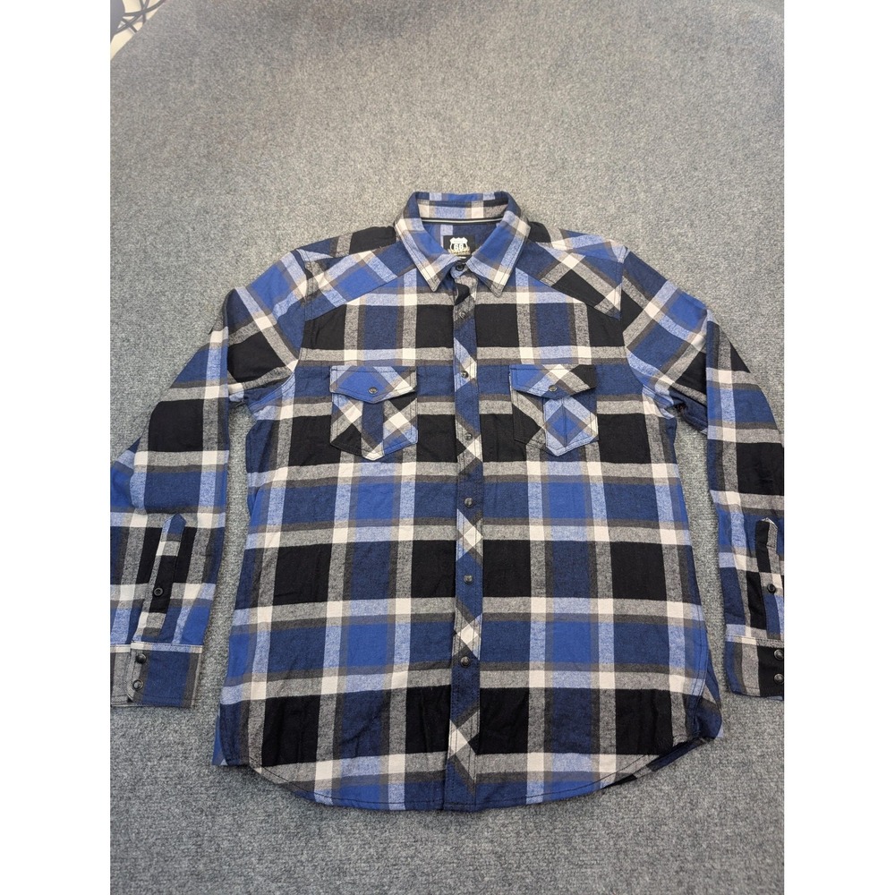 Route‎ 66 Shirt Mens Large Blue Plaid Flannel Western Snap Front Long Sleeve